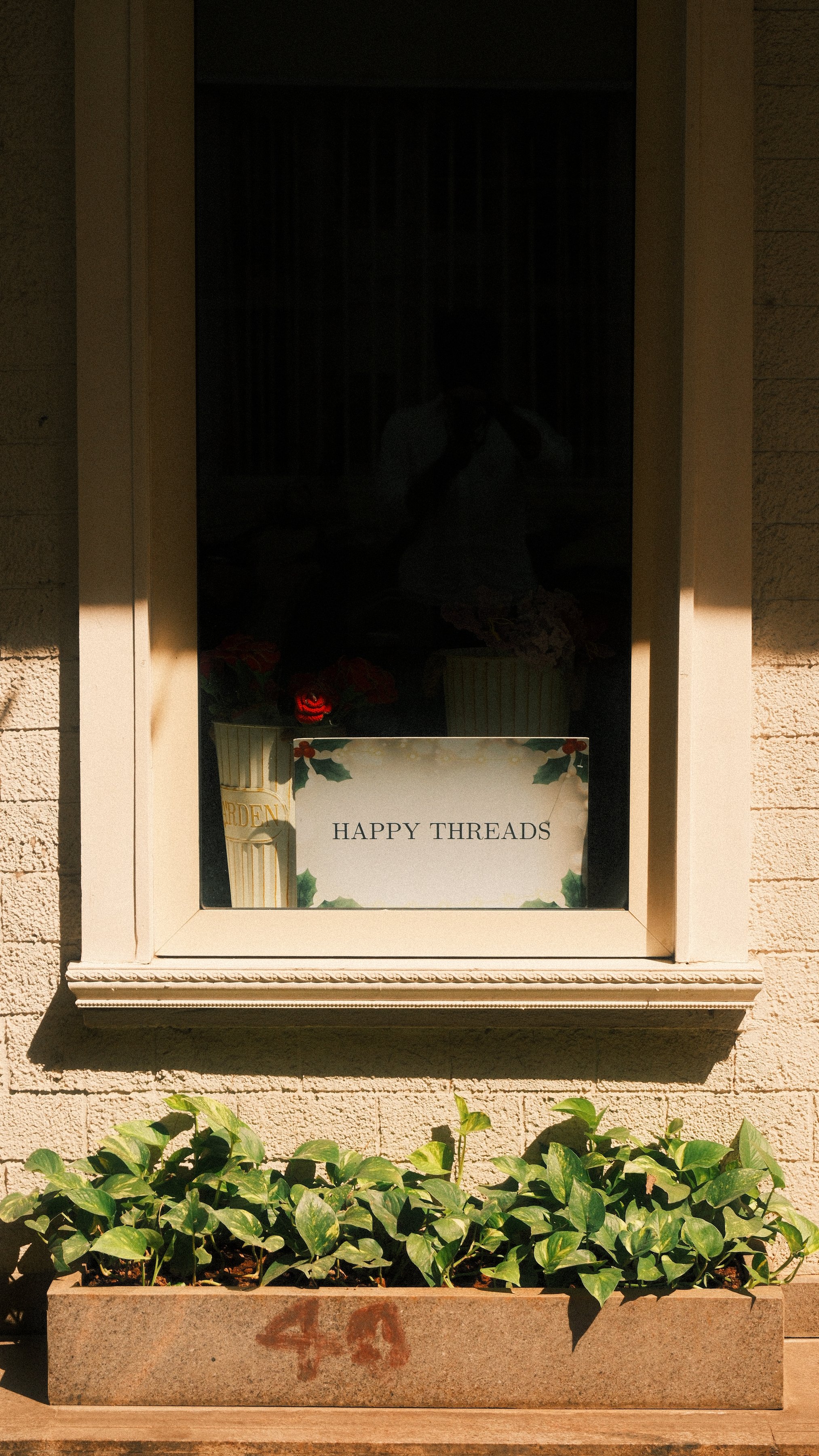 A shop window above a planter box of green leaves