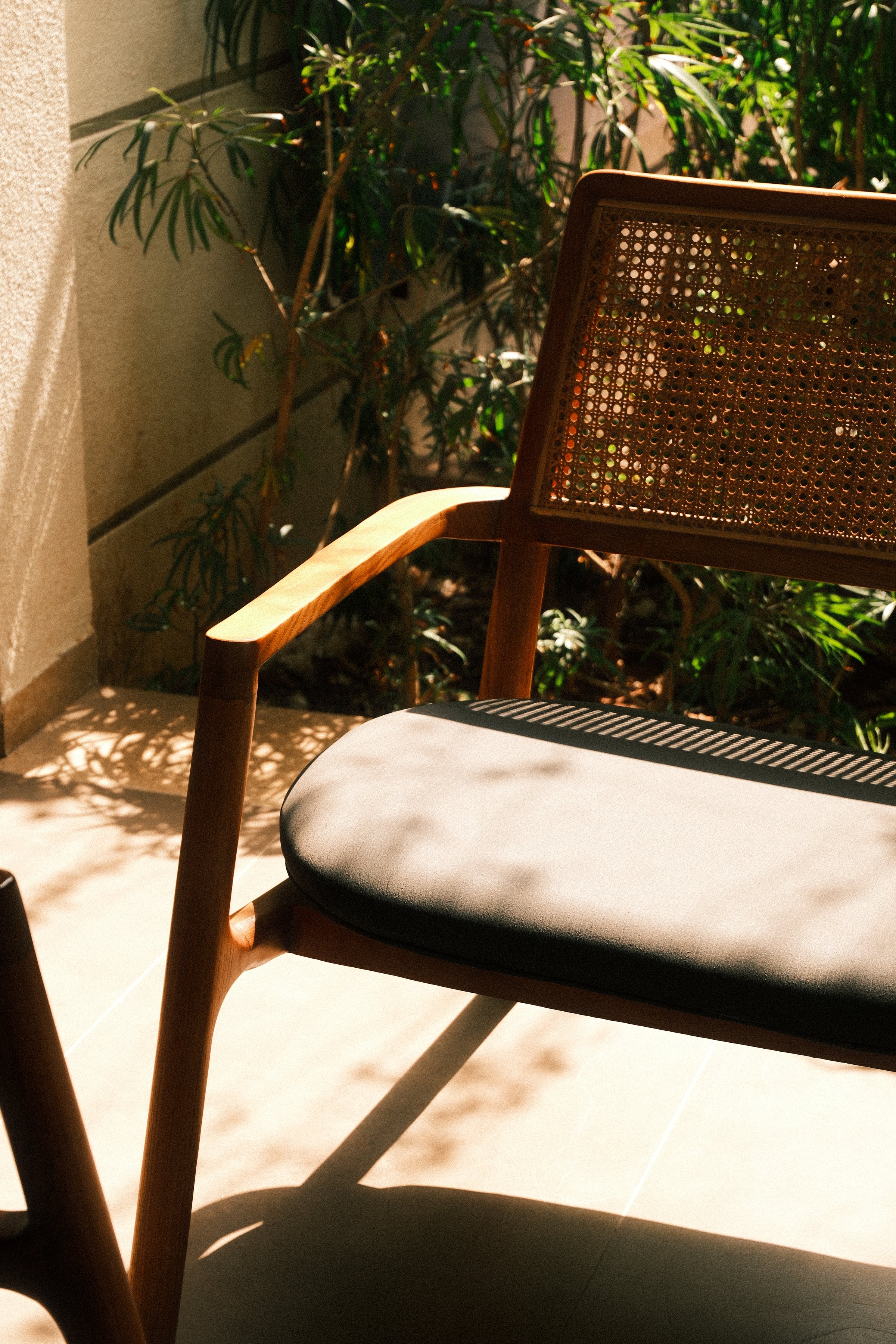 A cane-backed wooden chair in warm afternoon sun