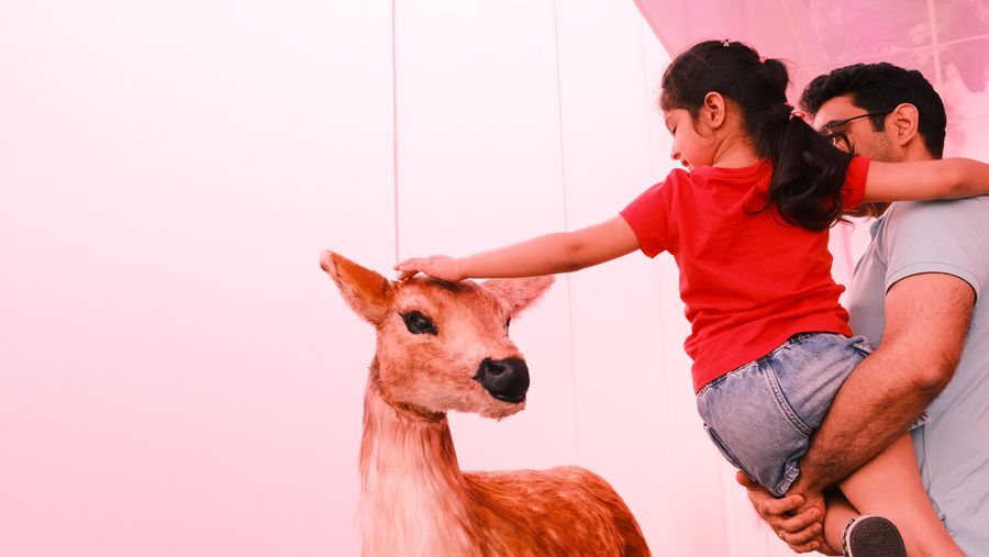 A father lifting his daughter to reach a fawn sculpture