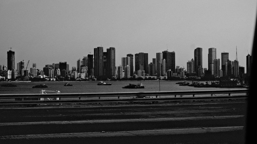 The Mumbai skyline seen from the sea, in black and white
