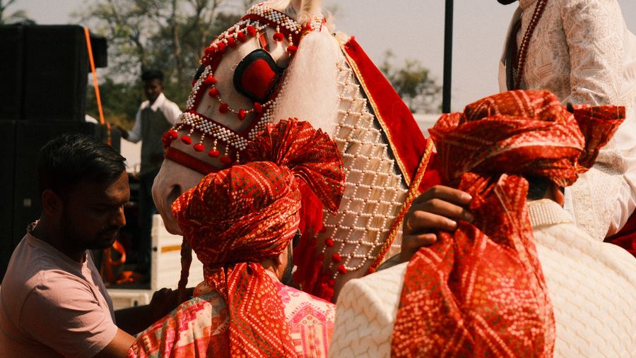 Men in red turbans gathered around a decorated white horse